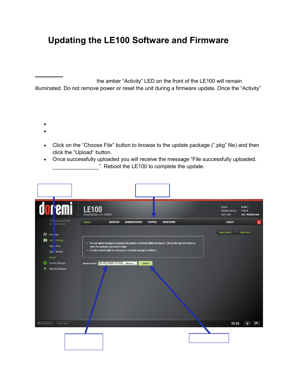 Updating the le100 software and firmware, Software update via web gui, 1 software update via web gui | Doremi LE100 User Manual | Page 45 / 52