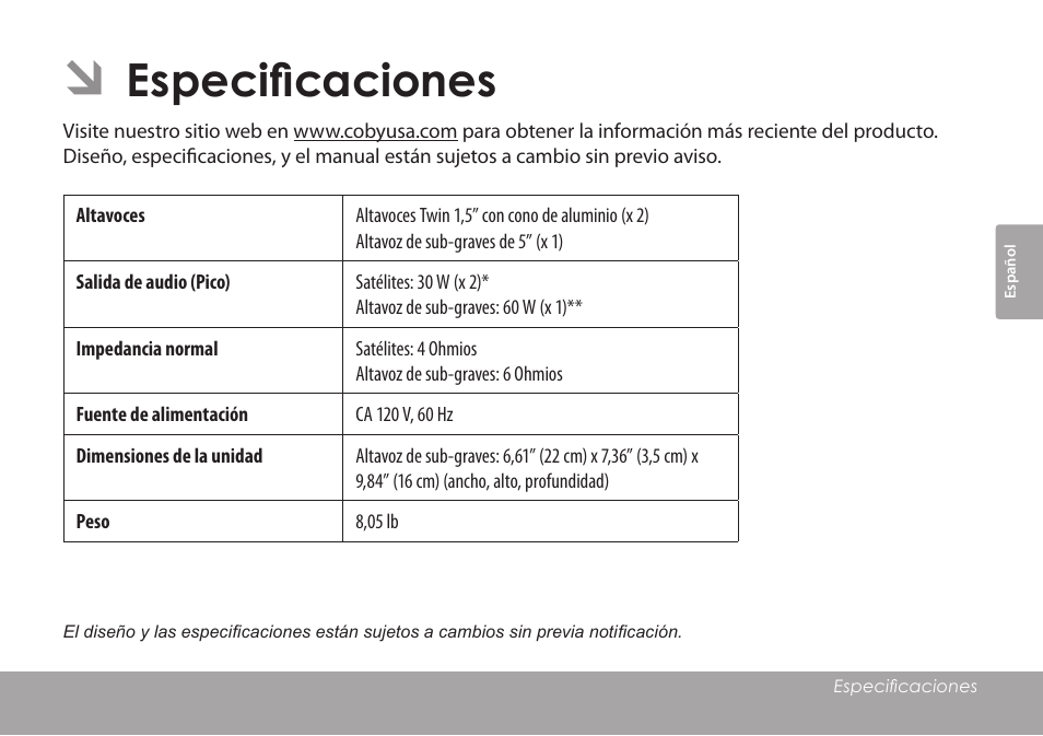 Especificaciones | COBY electronic CSMP77 User Manual | Page 19 / 38