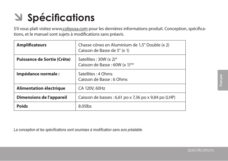 Spécifications | COBY electronic CSMP77 User Manual | Page 31 / 38
