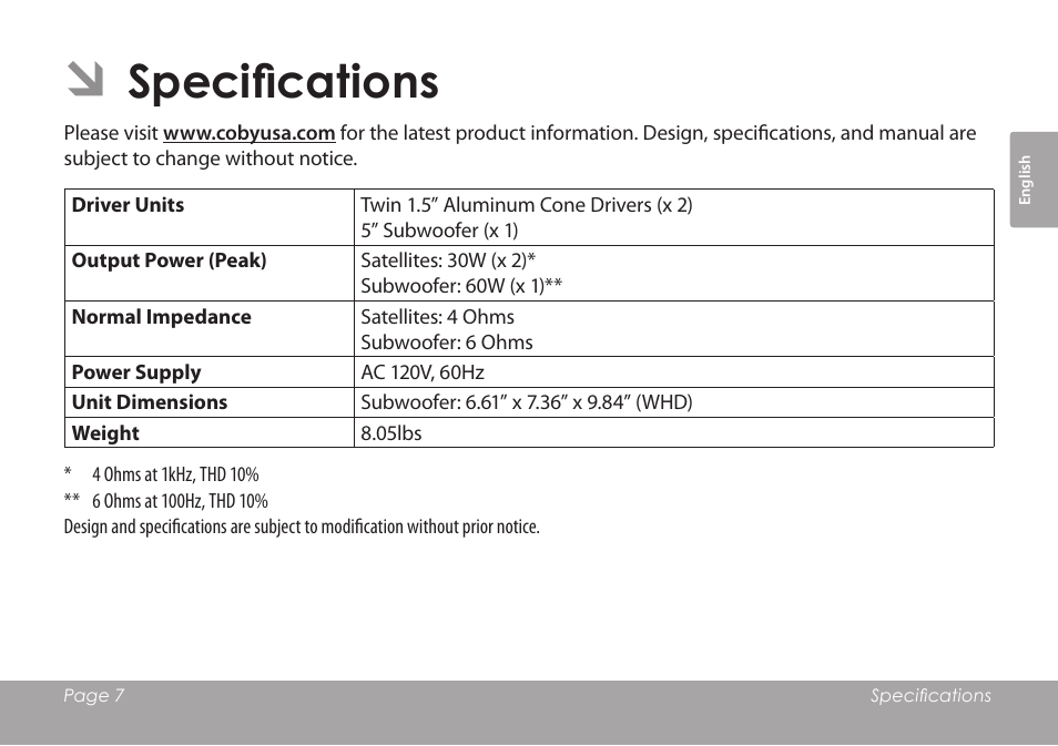 Specifications | COBY electronic CSMP77 User Manual | Page 7 / 38