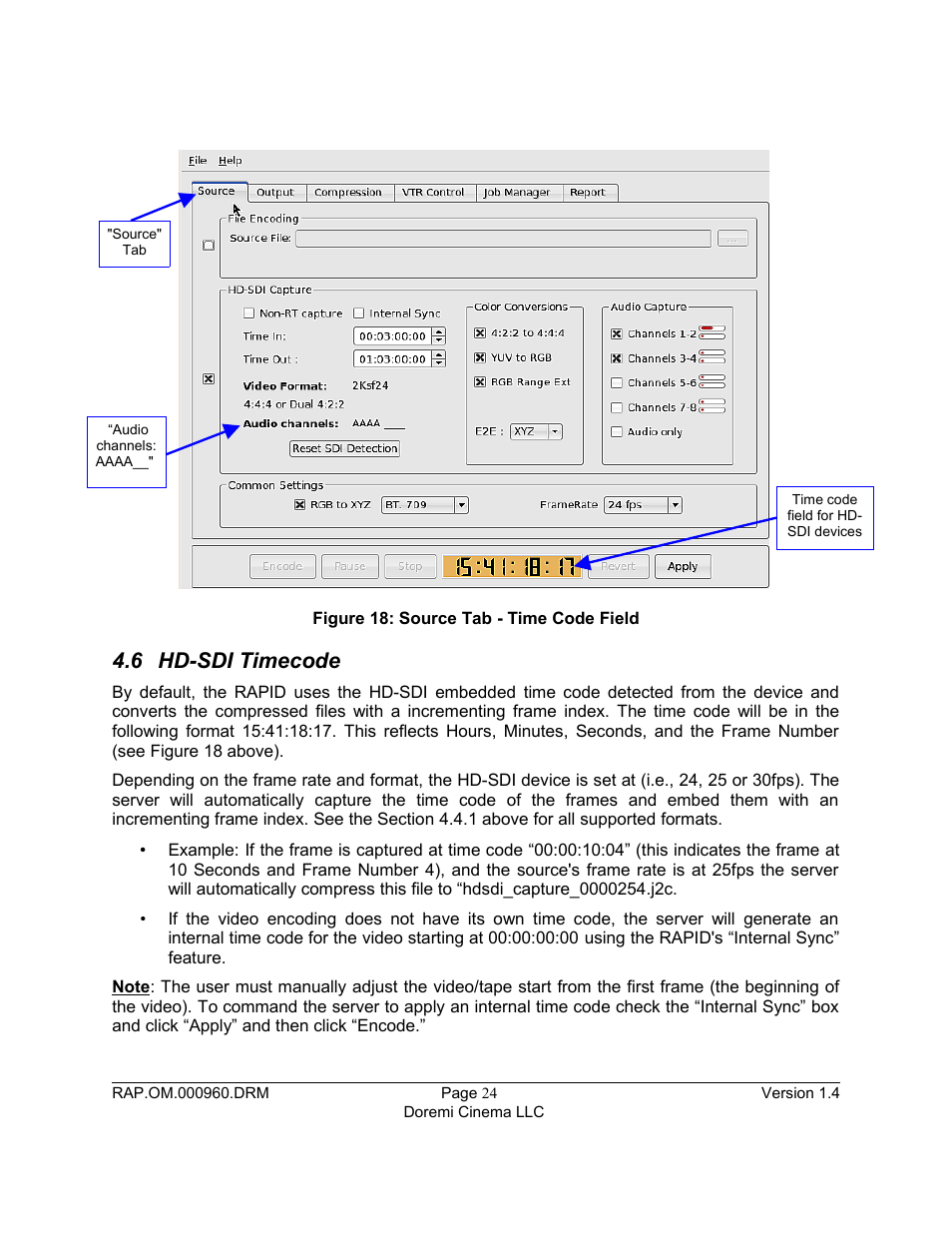 6 hd-sdi timecode | Doremi Rapid and Rapid-2x User Manual | Page 24 / 91