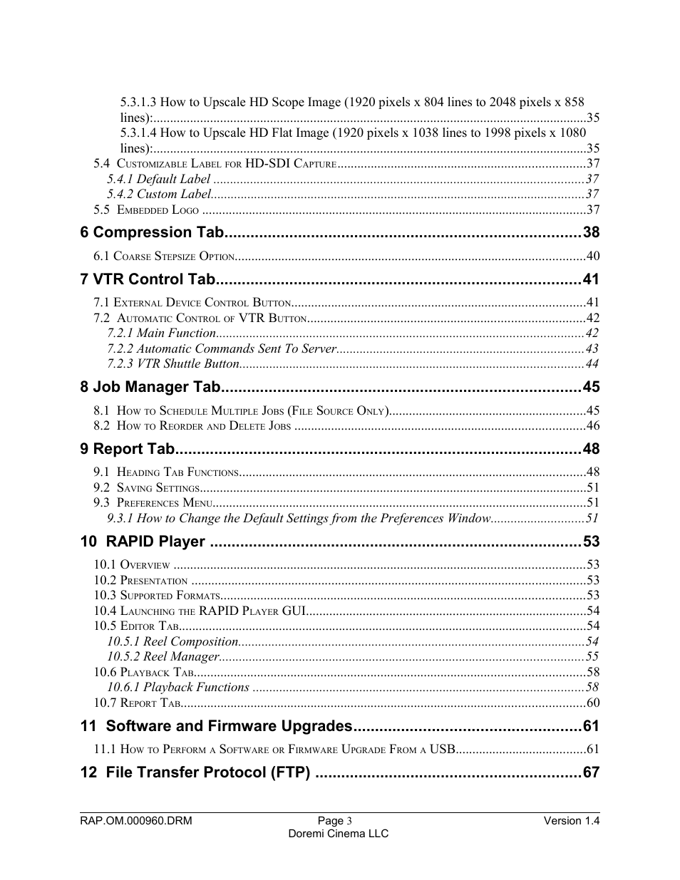 6 compression tab, 7 vtr control tab, 8 job manager tab | 9 report tab, 10 rapid player, 11 software and firmware upgrades, 12 file transfer protocol (ftp) | Doremi Rapid and Rapid-2x User Manual | Page 3 / 91