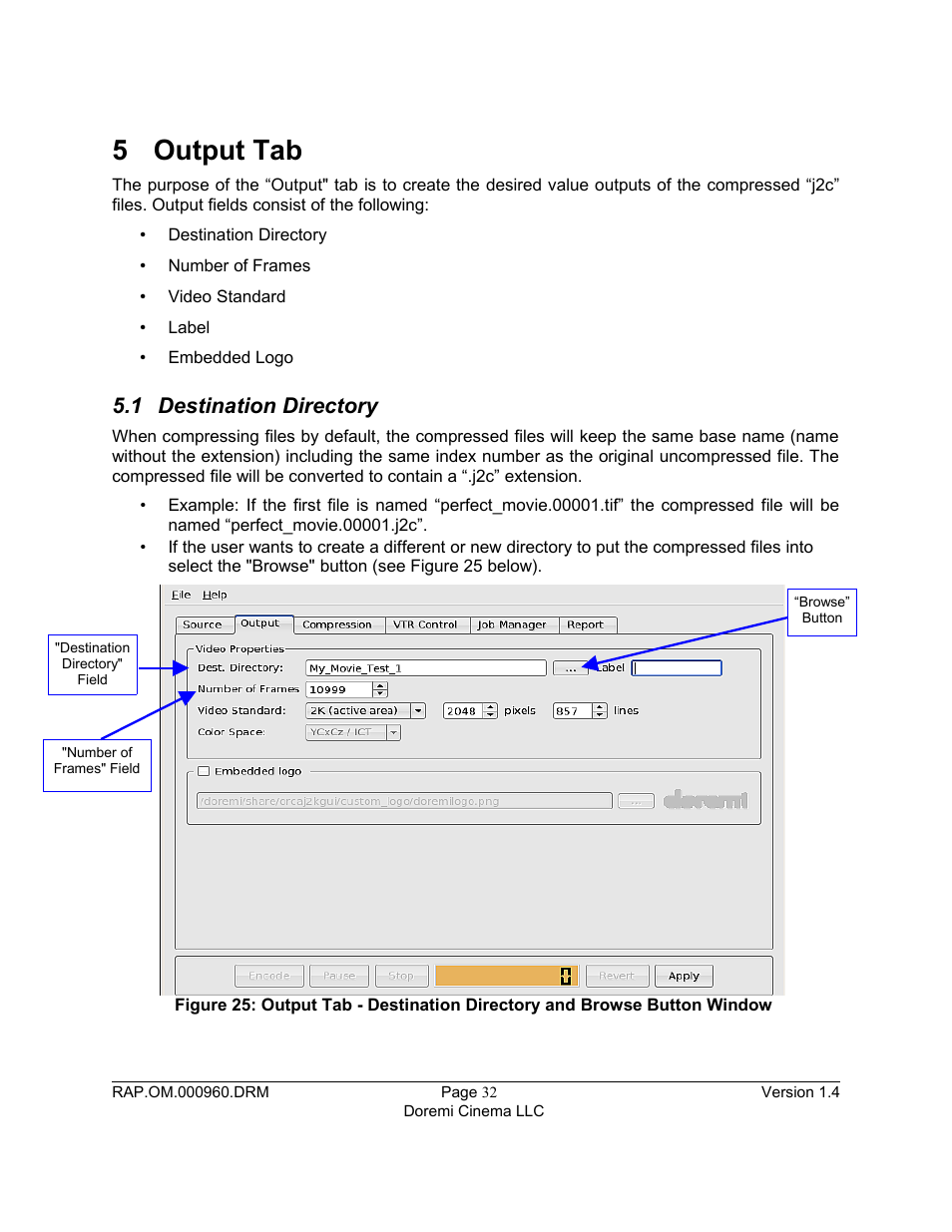 5 output tab, 1 destination directory | Doremi Rapid and Rapid-2x User Manual | Page 32 / 91