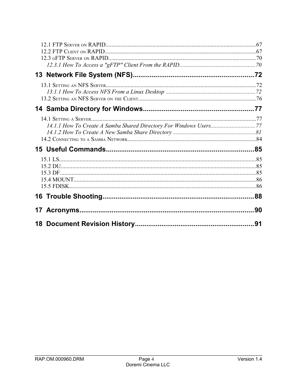 13 network file system (nfs), 14 samba directory for windows, 15 useful commands | Doremi Rapid and Rapid-2x User Manual | Page 4 / 91