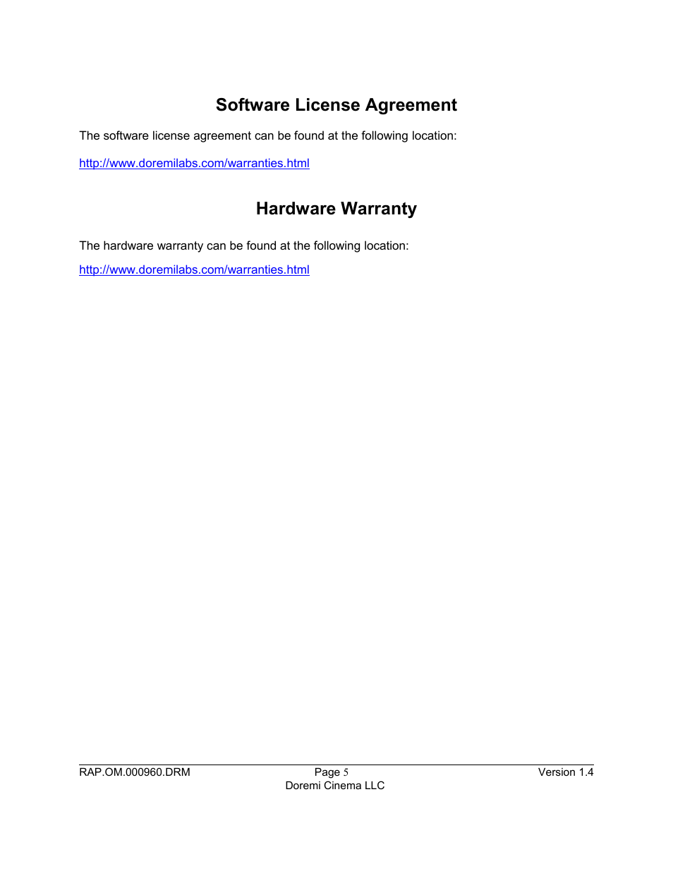 Software license agreement, Hardware warranty | Doremi Rapid and Rapid-2x User Manual | Page 5 / 91