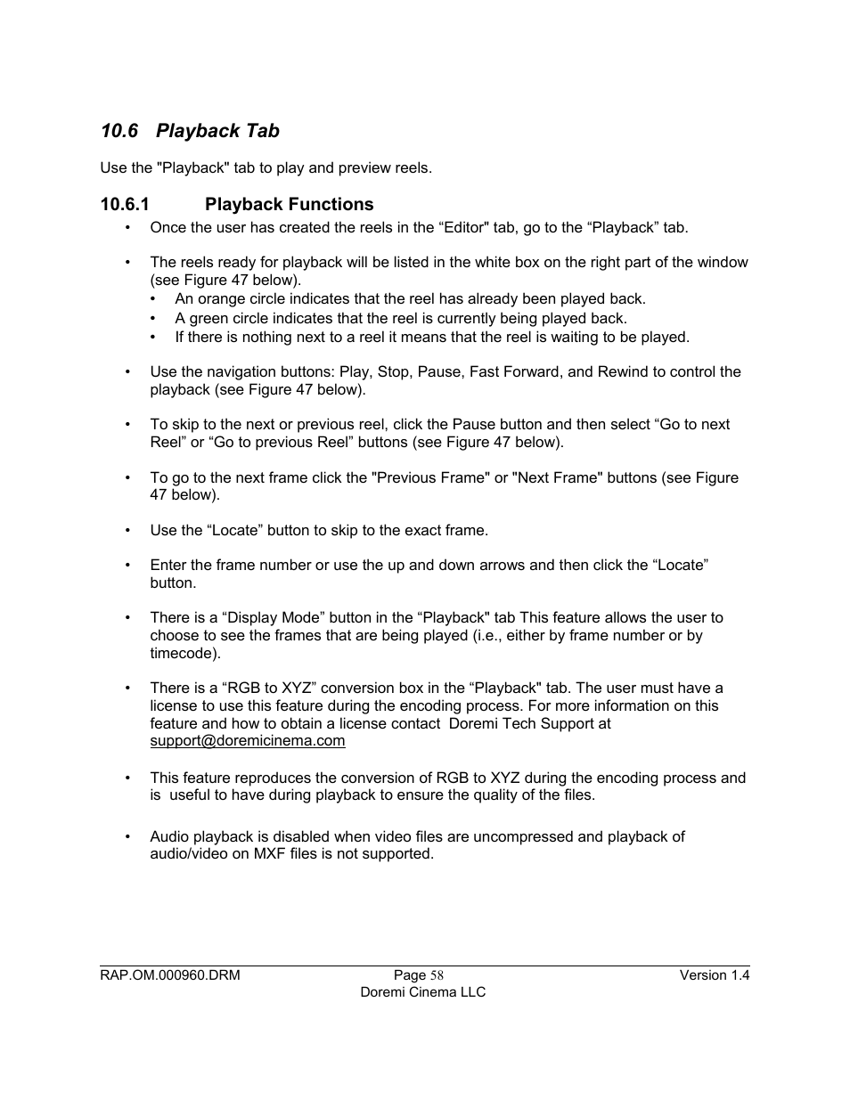 6 playback tab, 1 playback functions | Doremi Rapid and Rapid-2x User Manual | Page 58 / 91