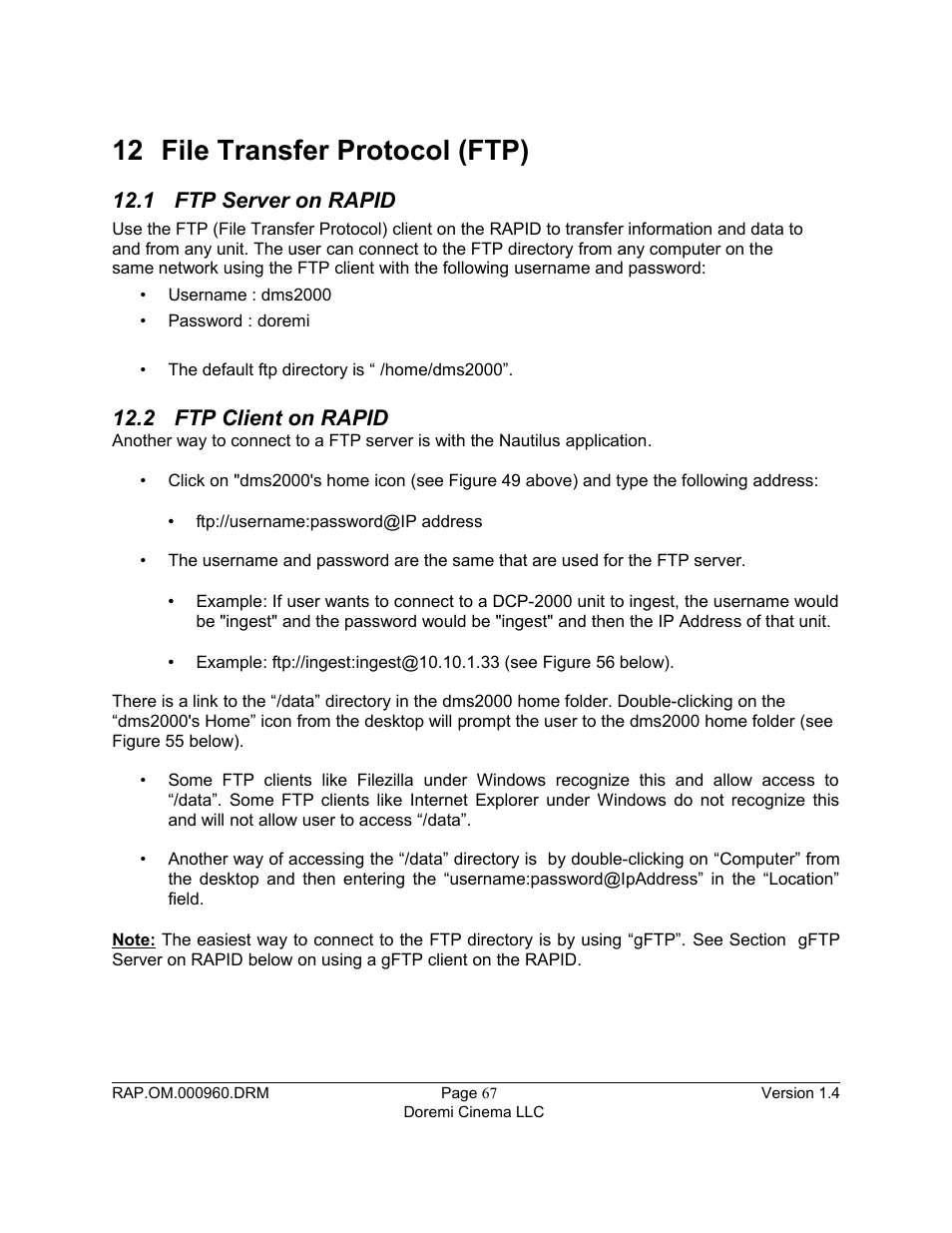 12 file transfer protocol (ftp), 1 ftp server on rapid, 2 ftp client on rapid | Doremi Rapid and Rapid-2x User Manual | Page 67 / 91