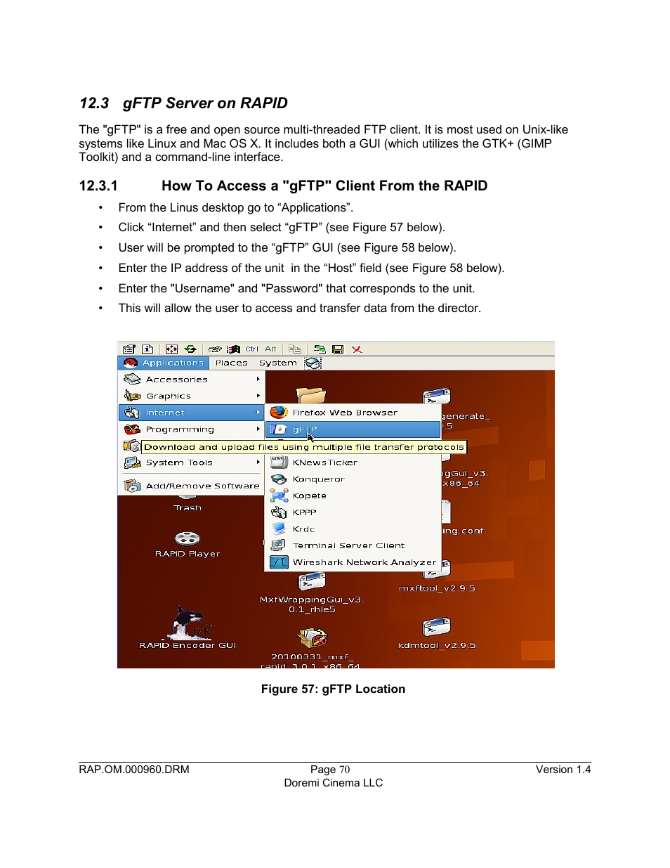3 gftp server on rapid, 1 how to access a "gftp" client from the rapid, Gftp server on rapid | Doremi Rapid and Rapid-2x User Manual | Page 70 / 91