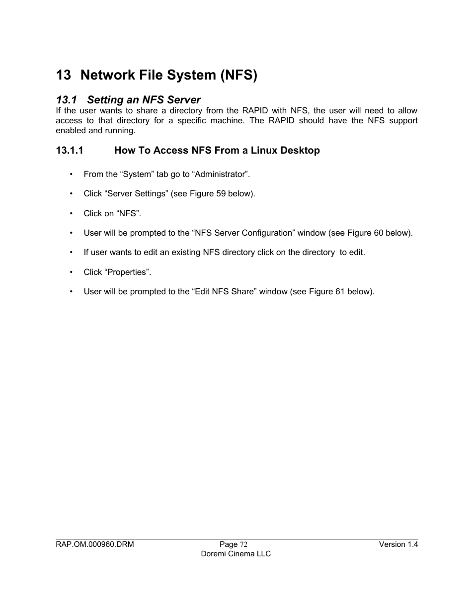 13 network file system (nfs), 1 setting an nfs server, 1 how to access nfs from a linux desktop | Doremi Rapid and Rapid-2x User Manual | Page 72 / 91