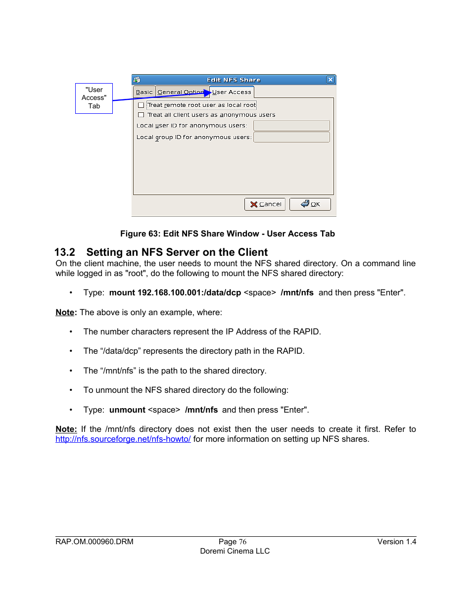 2 setting an nfs server on the client | Doremi Rapid and Rapid-2x User Manual | Page 76 / 91