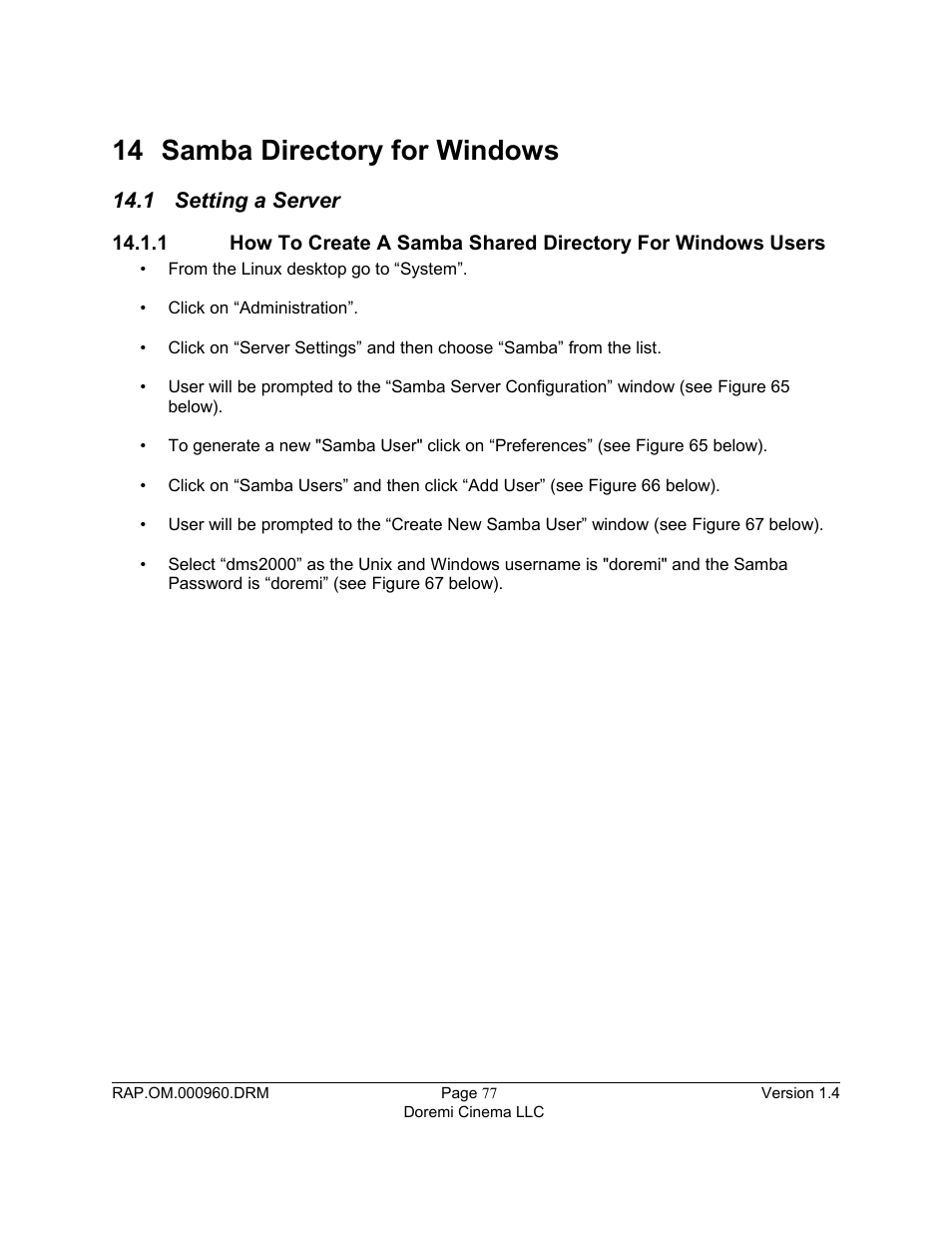 14 samba directory for windows, 1 setting a server | Doremi Rapid and Rapid-2x User Manual | Page 77 / 91