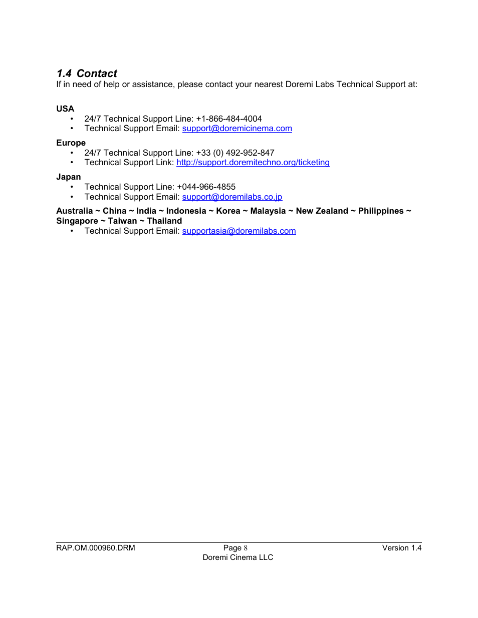 4 contact | Doremi Rapid and Rapid-2x User Manual | Page 8 / 91