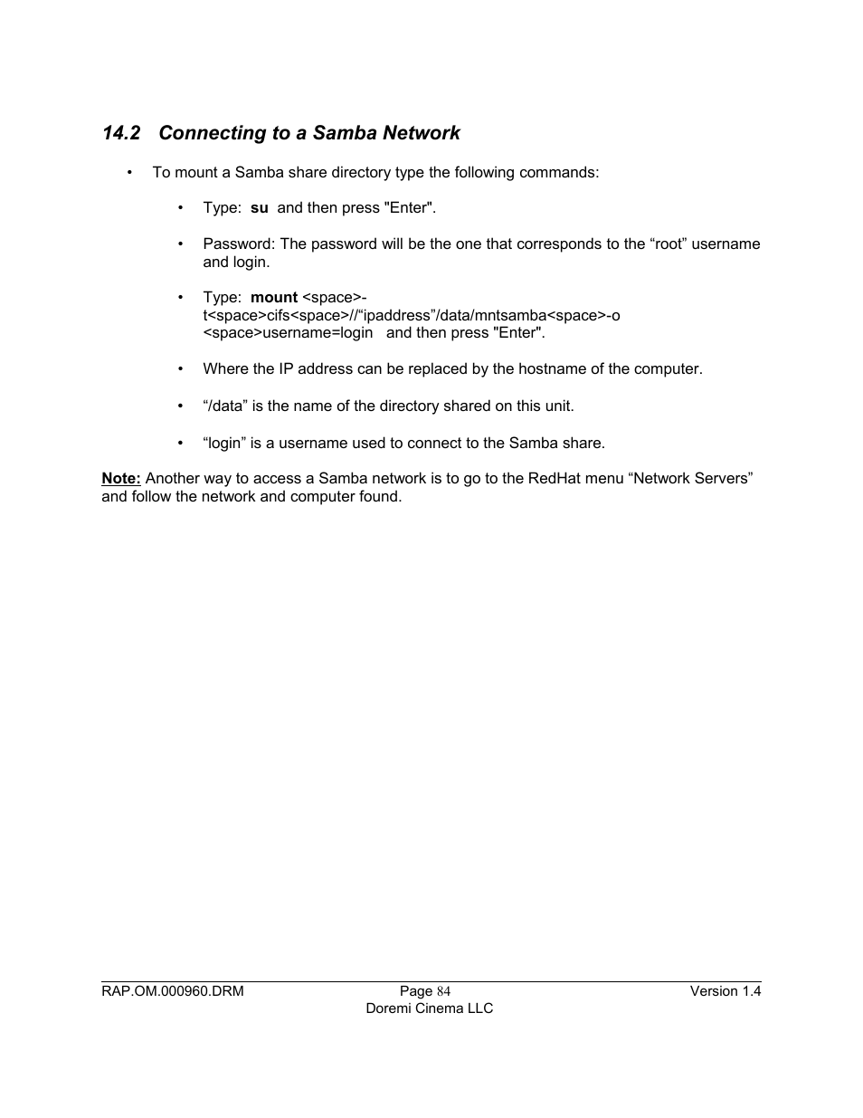 2 connecting to a samba network | Doremi Rapid and Rapid-2x User Manual | Page 84 / 91