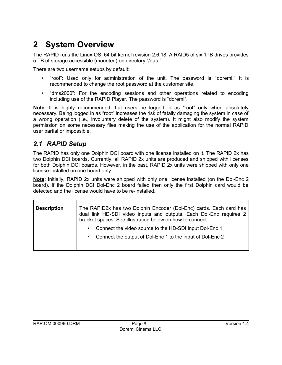 2 system overview, 1 rapid setup | Doremi Rapid and Rapid-2x User Manual | Page 9 / 91