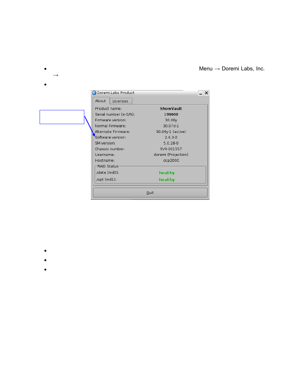 Displaying the software and firmware versions, Updating the software and firmware via usb | Doremi ShowVault / IMB User Manual | Page 82 / 146