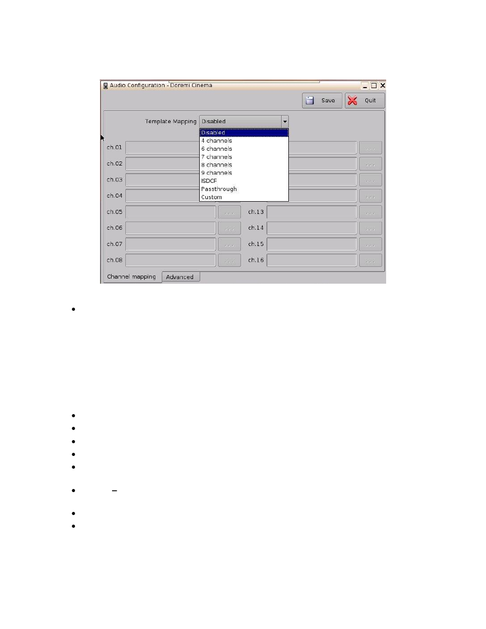 Channel mapping tab, Disabled configuration, Pre-defined mapping configurations | 4 channels | Doremi ShowVault / IMB User Manual | Page 35 / 276