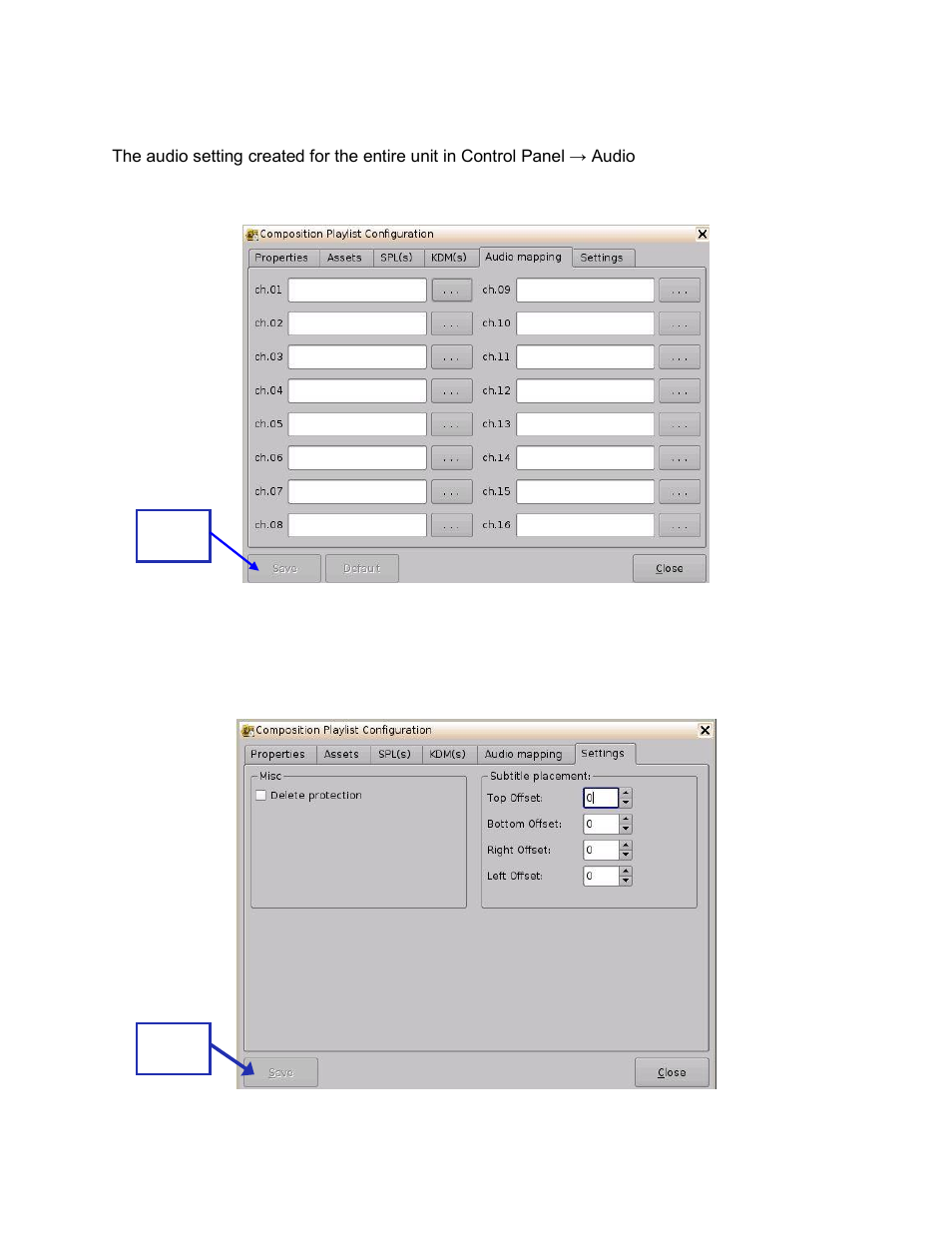 Audio mapping tab, Settings tab | Doremi ShowVault / IMB User Manual | Page 85 / 276