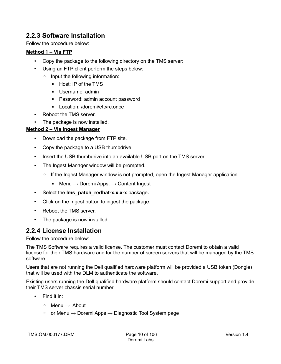 3 software installation, 4 license installation | Doremi TMS User Manual | Page 10 / 106