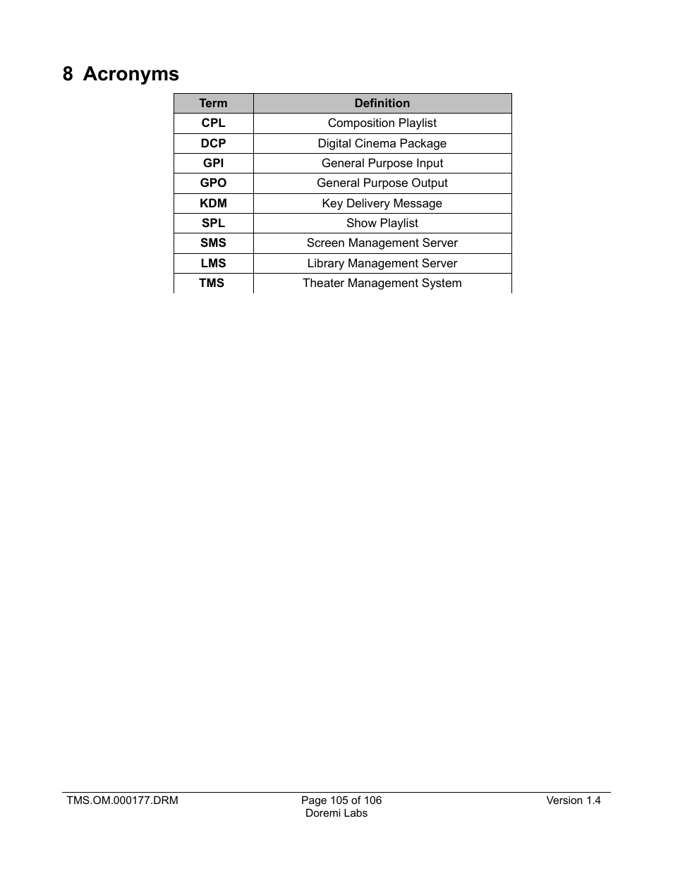 8 acronyms | Doremi TMS User Manual | Page 105 / 106
