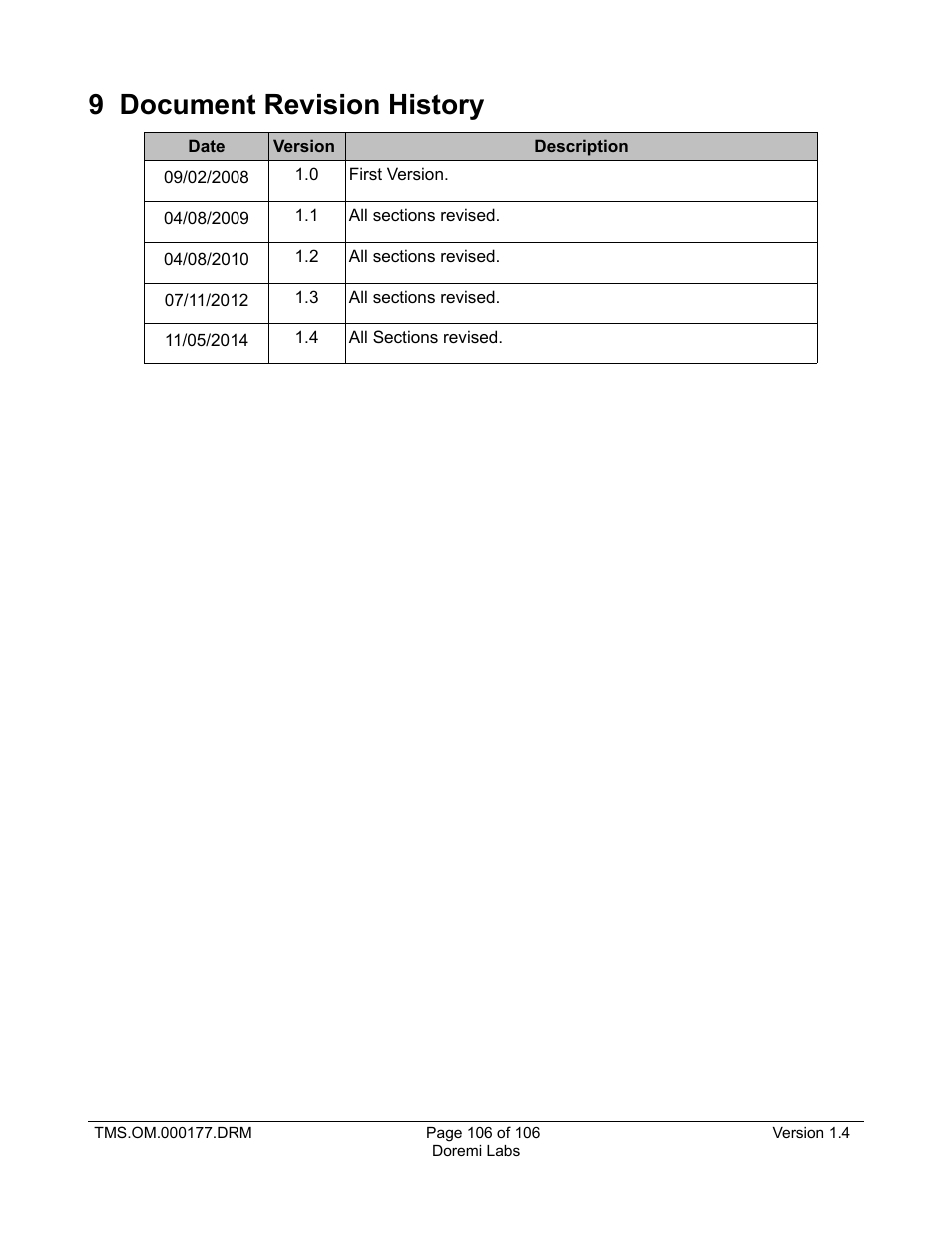 9 document revision history | Doremi TMS User Manual | Page 106 / 106