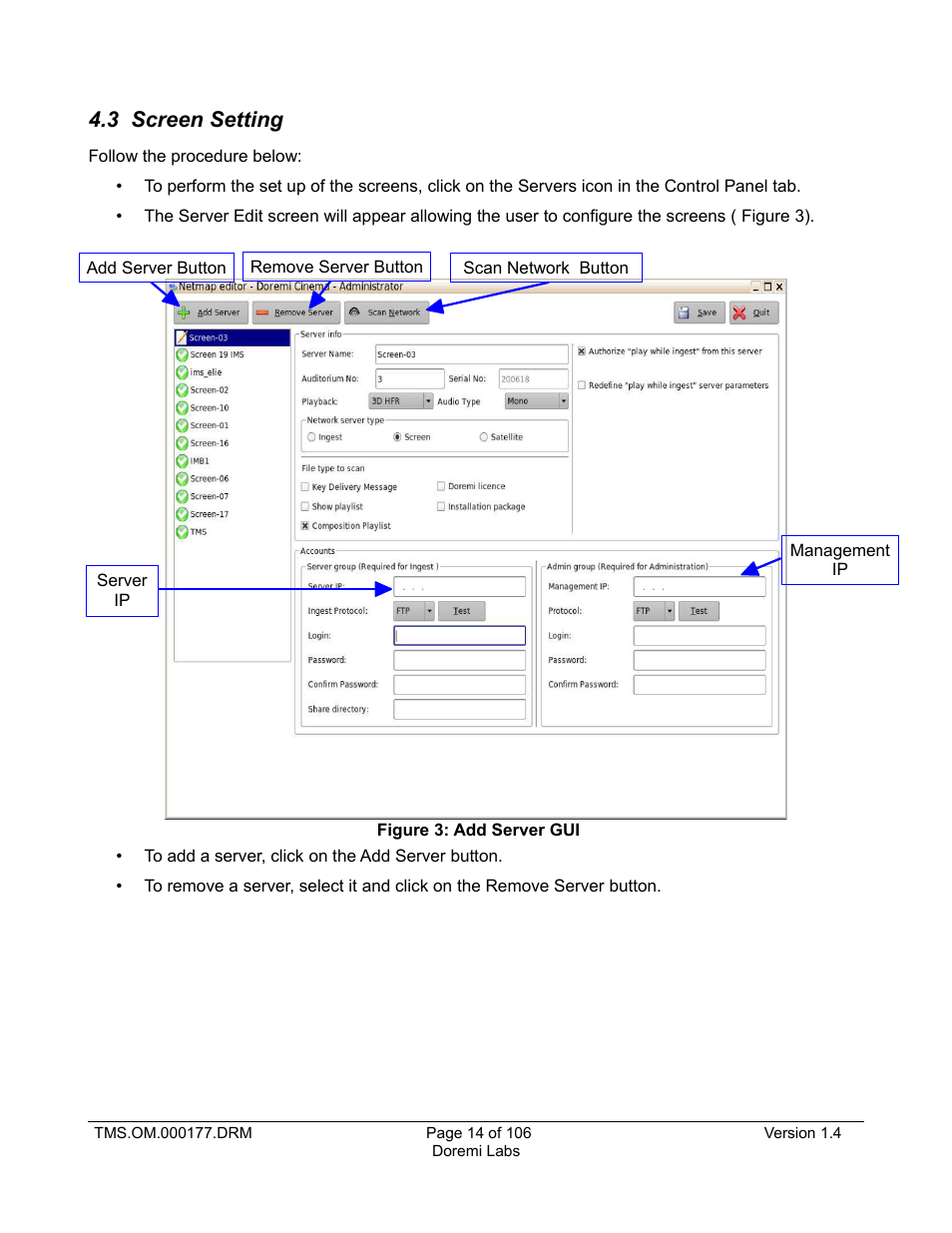 3 screen setting | Doremi TMS User Manual | Page 14 / 106