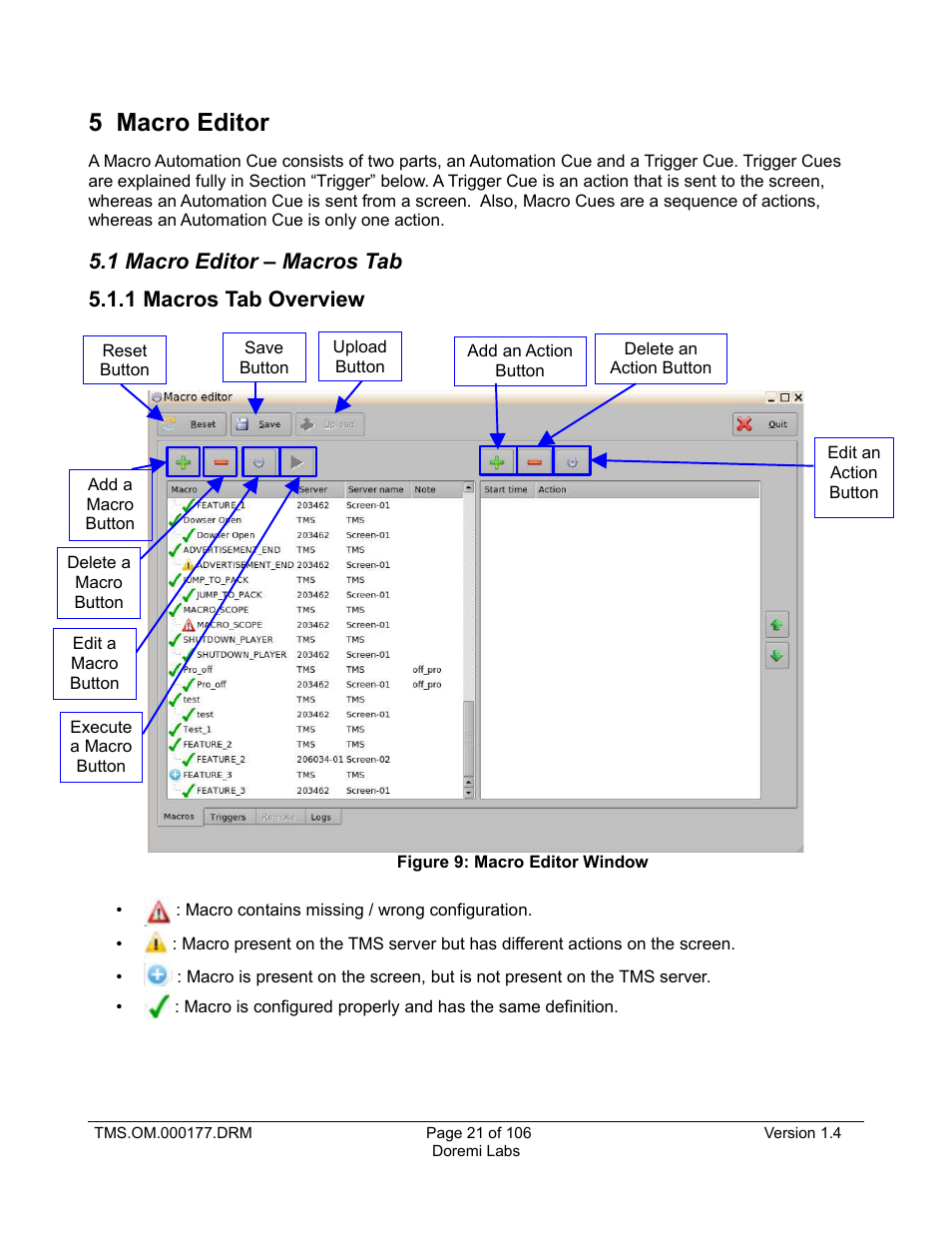 5 macro editor, 1 macro editor – macros tab, 1 macros tab overview | Doremi TMS User Manual | Page 21 / 106