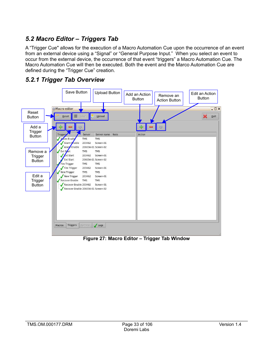 2 macro editor – triggers tab, 1 trigger tab overview | Doremi TMS User Manual | Page 33 / 106