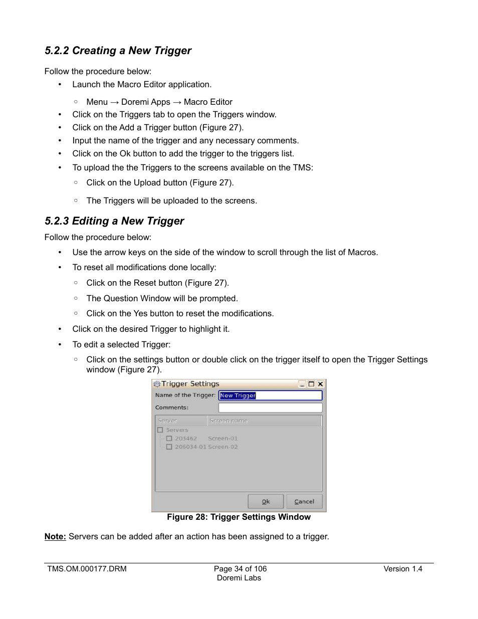 2 creating a new trigger, 3 editing a new trigger | Doremi TMS User Manual | Page 34 / 106