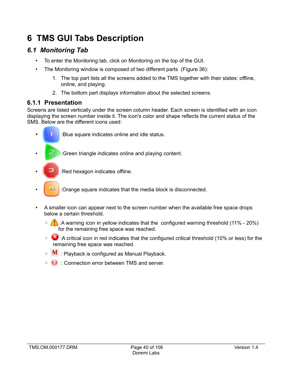 6 tms gui tabs description, 1 monitoring tab, 1 presentation | Doremi TMS User Manual | Page 40 / 106