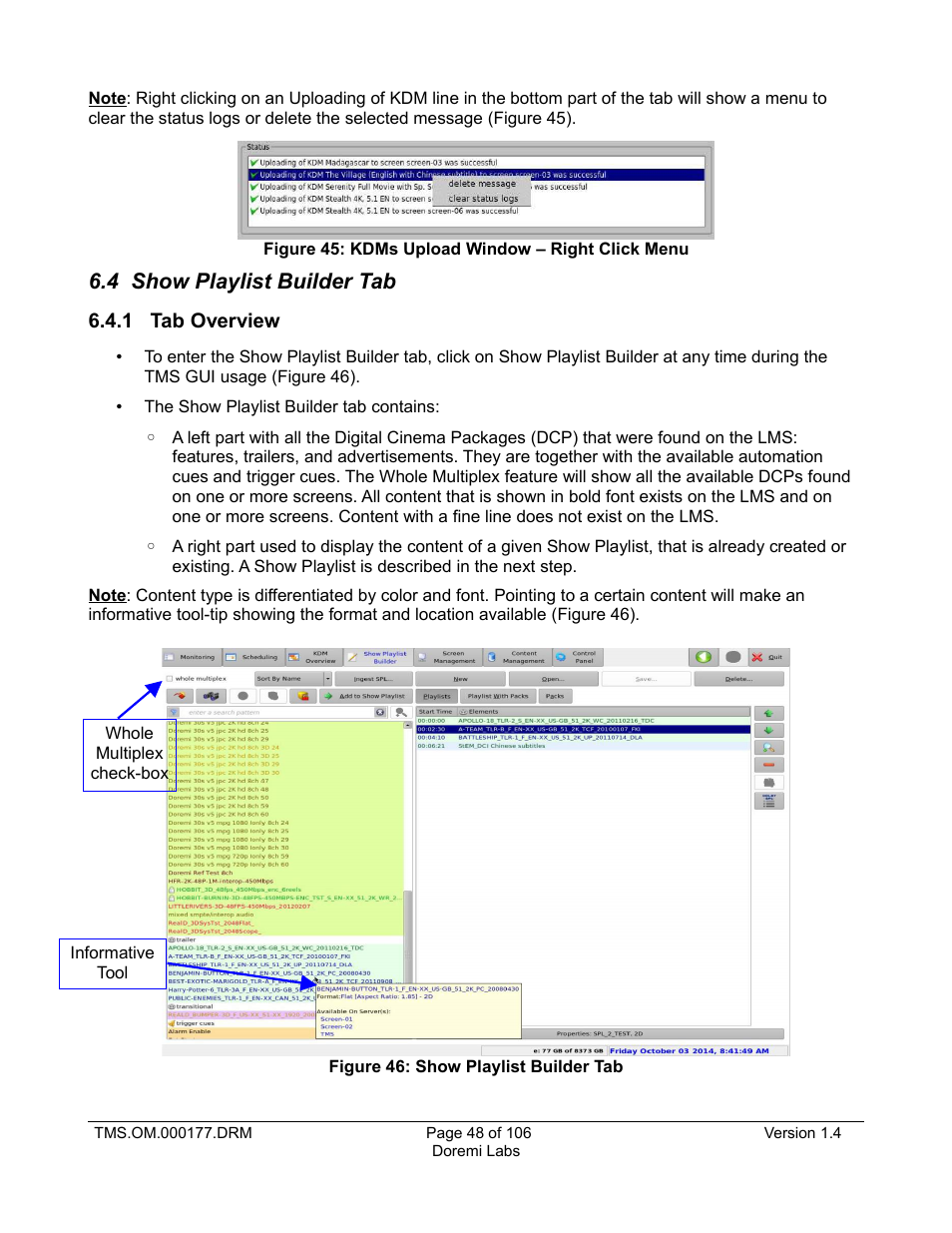 4 show playlist builder tab, 1 tab overview | Doremi TMS User Manual | Page 48 / 106