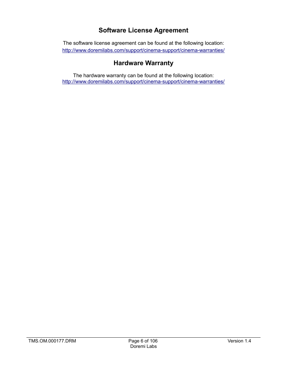 Software license agreement, Hardware warranty | Doremi TMS User Manual | Page 6 / 106
