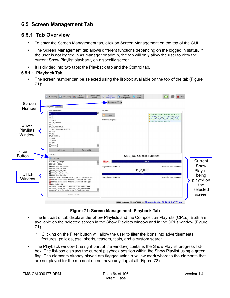 5 screen management tab, 1 tab overview, 1 playback tab | 5 screen management tab 6.5.1 tab overview | Doremi TMS User Manual | Page 64 / 106