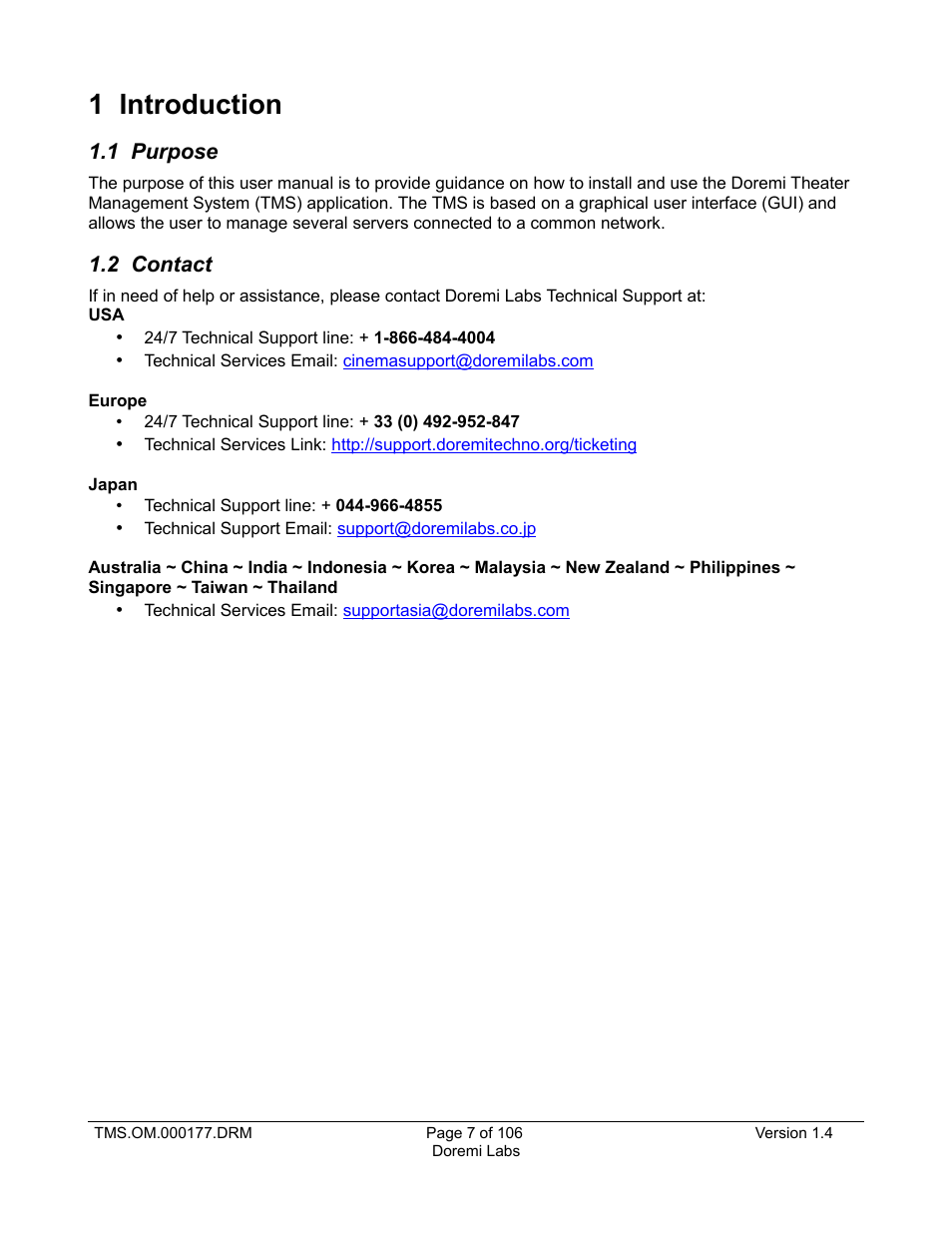 1 introduction, 1 purpose, 2 contact | Doremi TMS User Manual | Page 7 / 106