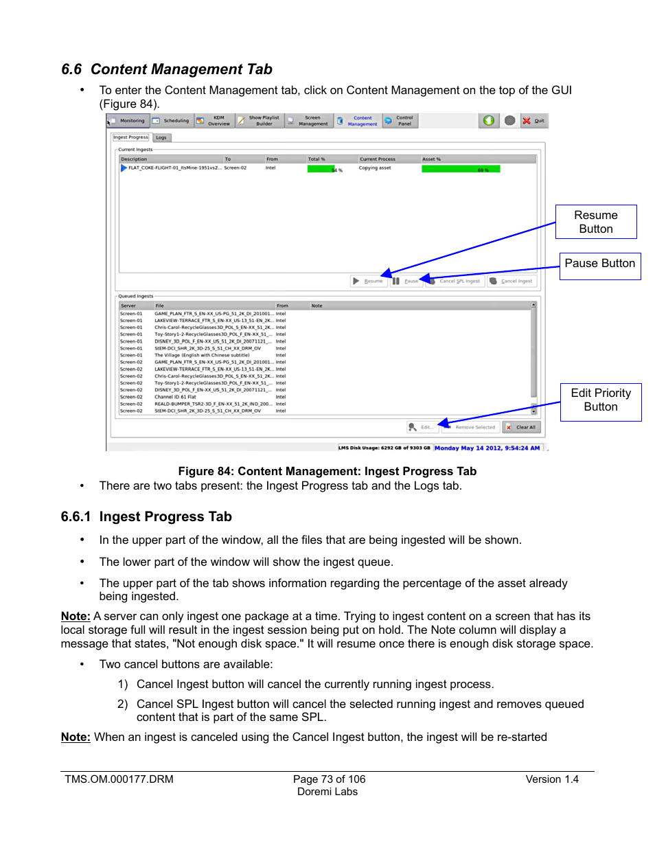 6 content management tab, 1 ingest progress tab | Doremi TMS User Manual | Page 73 / 106