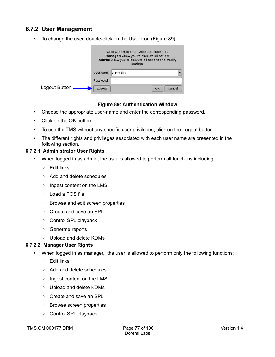 2 user management, 1 administrator user rights, 2 manager user rights | Doremi TMS User Manual | Page 77 / 106