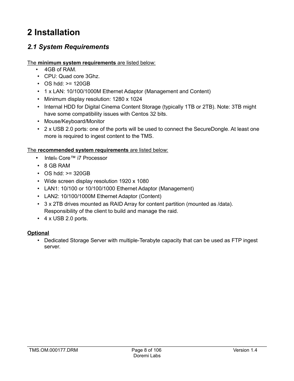 2 installation, 1 system requirements | Doremi TMS User Manual | Page 8 / 106