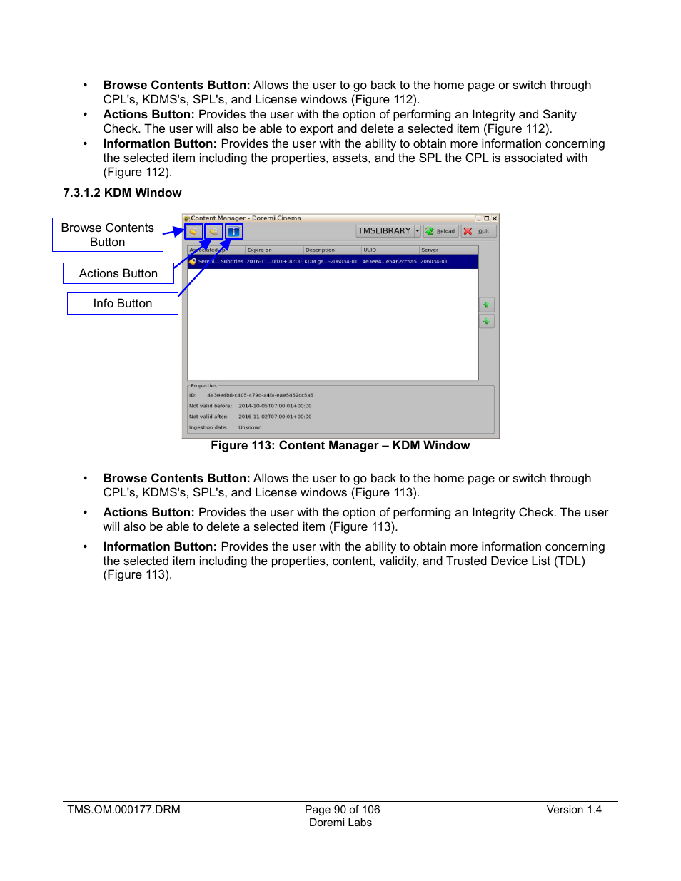 2 kdm window | Doremi TMS User Manual | Page 90 / 106