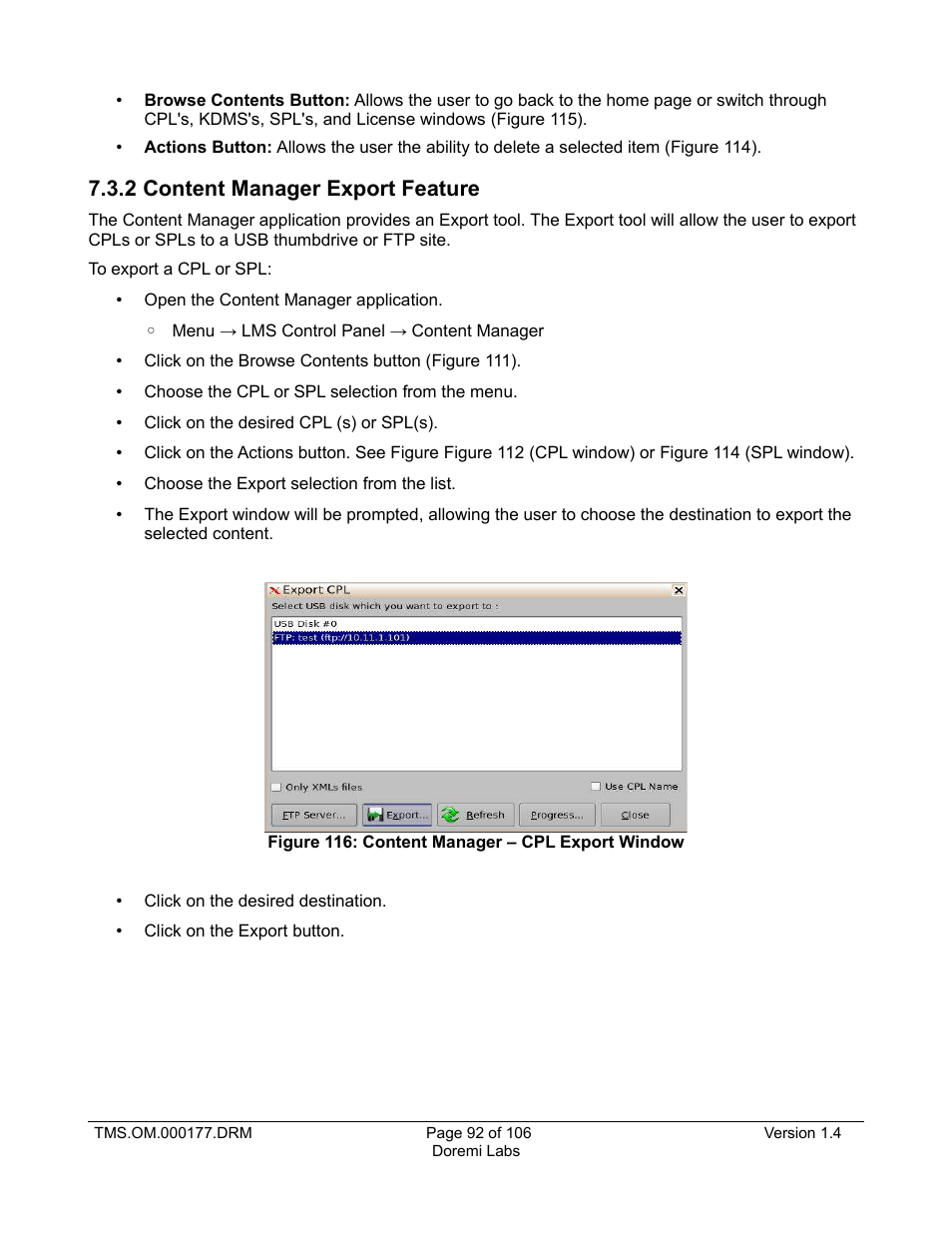 2 content manager export feature | Doremi TMS User Manual | Page 92 / 106