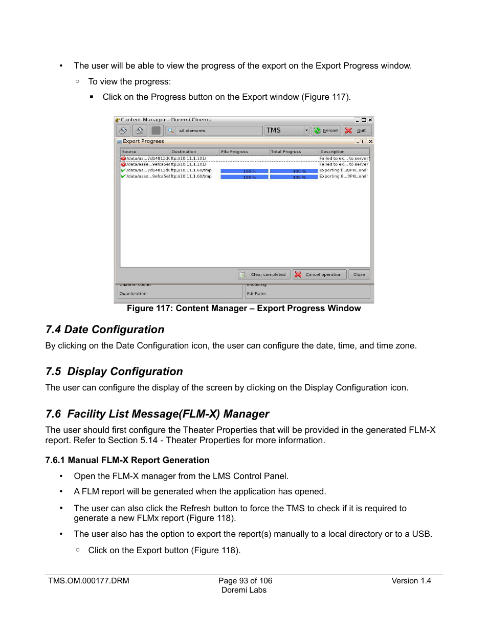 4 date configuration, 5 display configuration, 6 facility list message(flm-x) manager | 1 manual flm-x report generation | Doremi TMS User Manual | Page 93 / 106