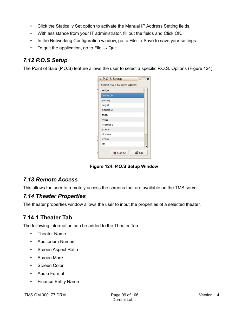 12 p.o.s setup, 13 remote access, 14 theater properties | 1 theater tab, Theater properties | Doremi TMS User Manual | Page 99 / 106