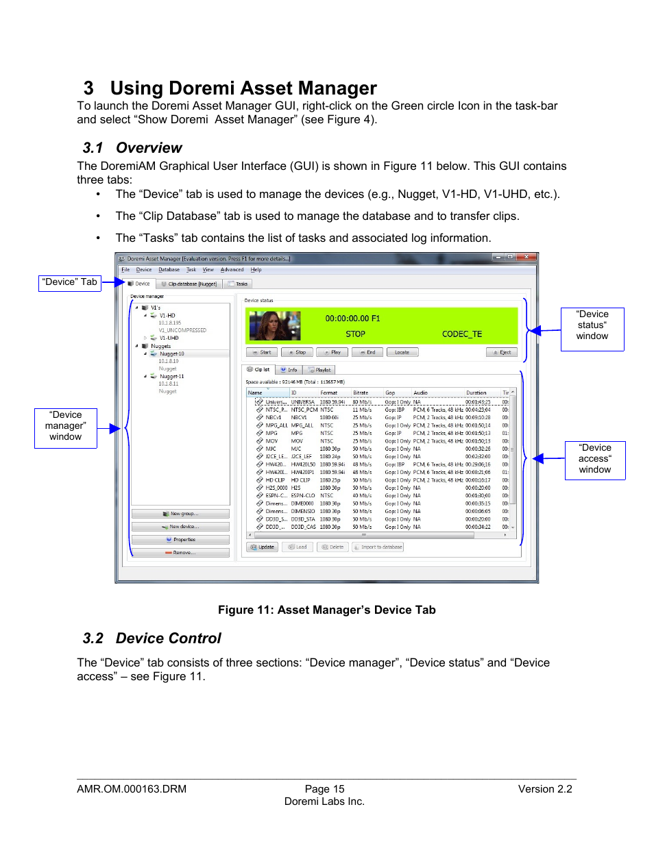 3 using doremi asset manager, 1 overview, 2 device control | Doremi Asset Manager User Manual | Page 15 / 84