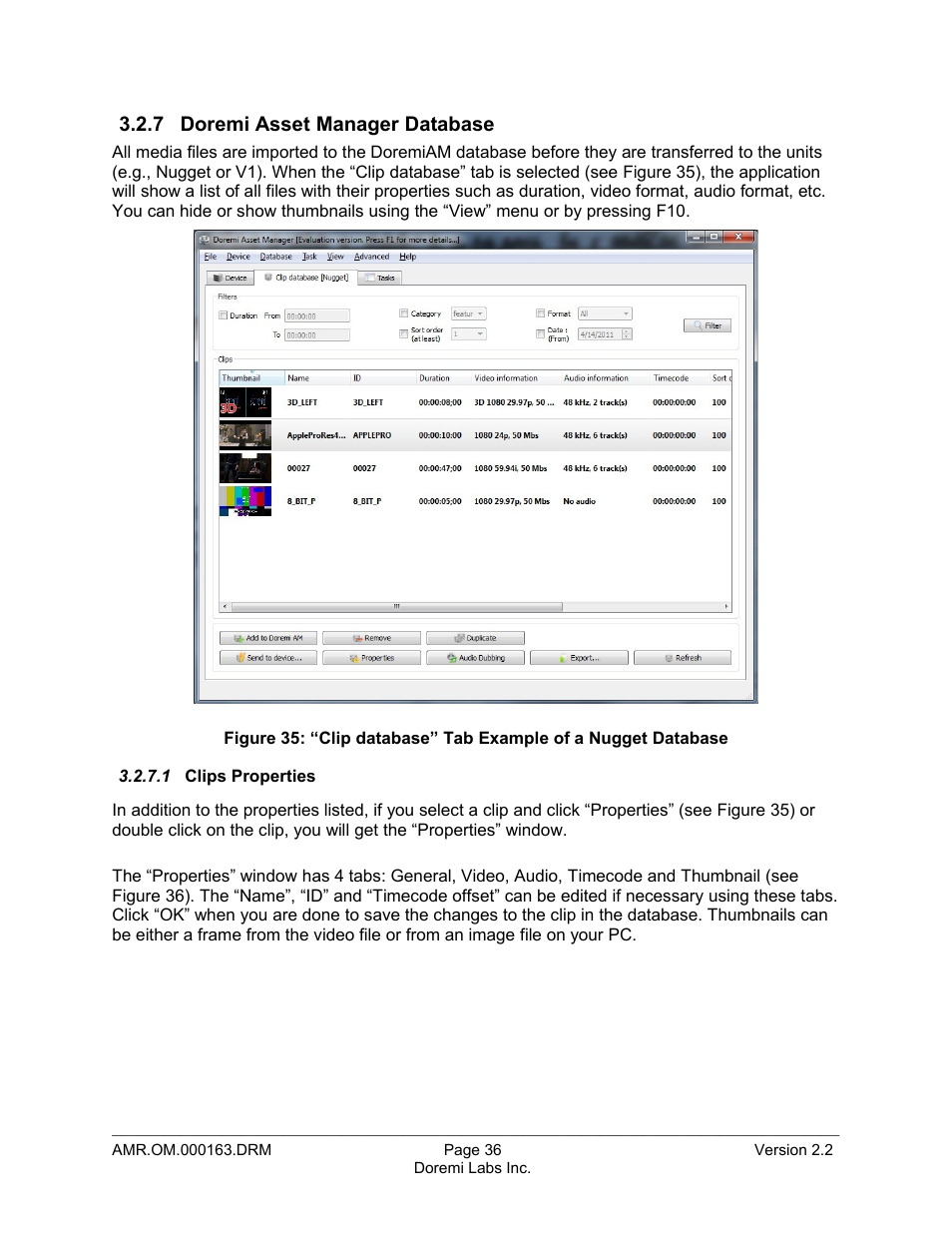 7 doremi asset manager database, 1 clips properties | Doremi Asset Manager User Manual | Page 36 / 84