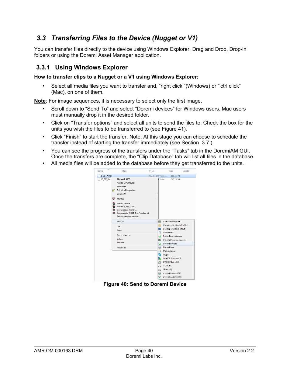 3 transferring files to the device (nugget or v1), 1 using windows explorer | Doremi Asset Manager User Manual | Page 40 / 84