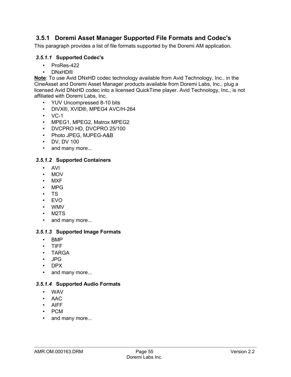 1 supported codec's, 2 supported containers, 3 supported image formats | 4 supported audio formats | Doremi Asset Manager User Manual | Page 55 / 84