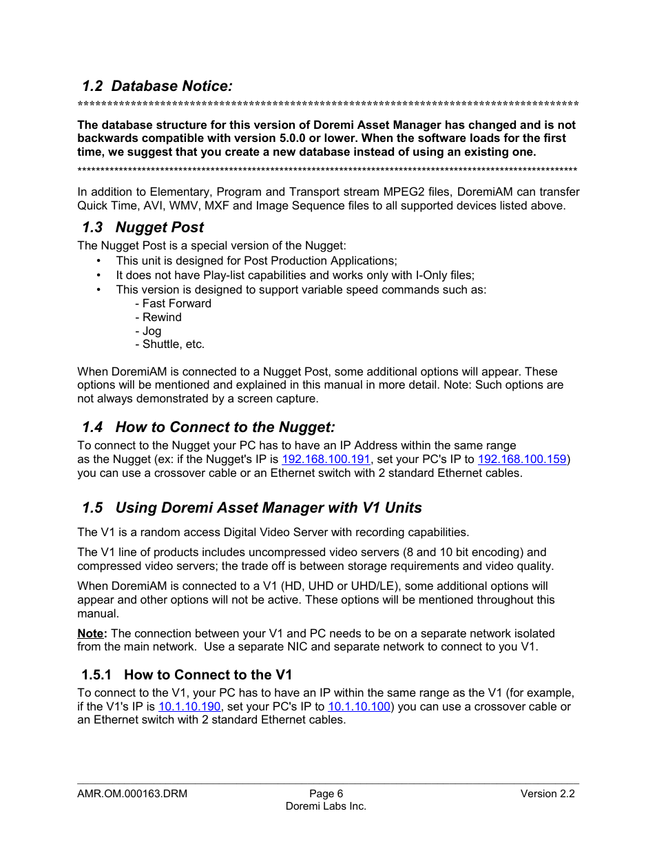 2 database notice, 3 nugget post, 4 how to connect to the nugget | 5 using doremi asset manager with v1 units, 1 how to connect to the v1 | Doremi Asset Manager User Manual | Page 6 / 84