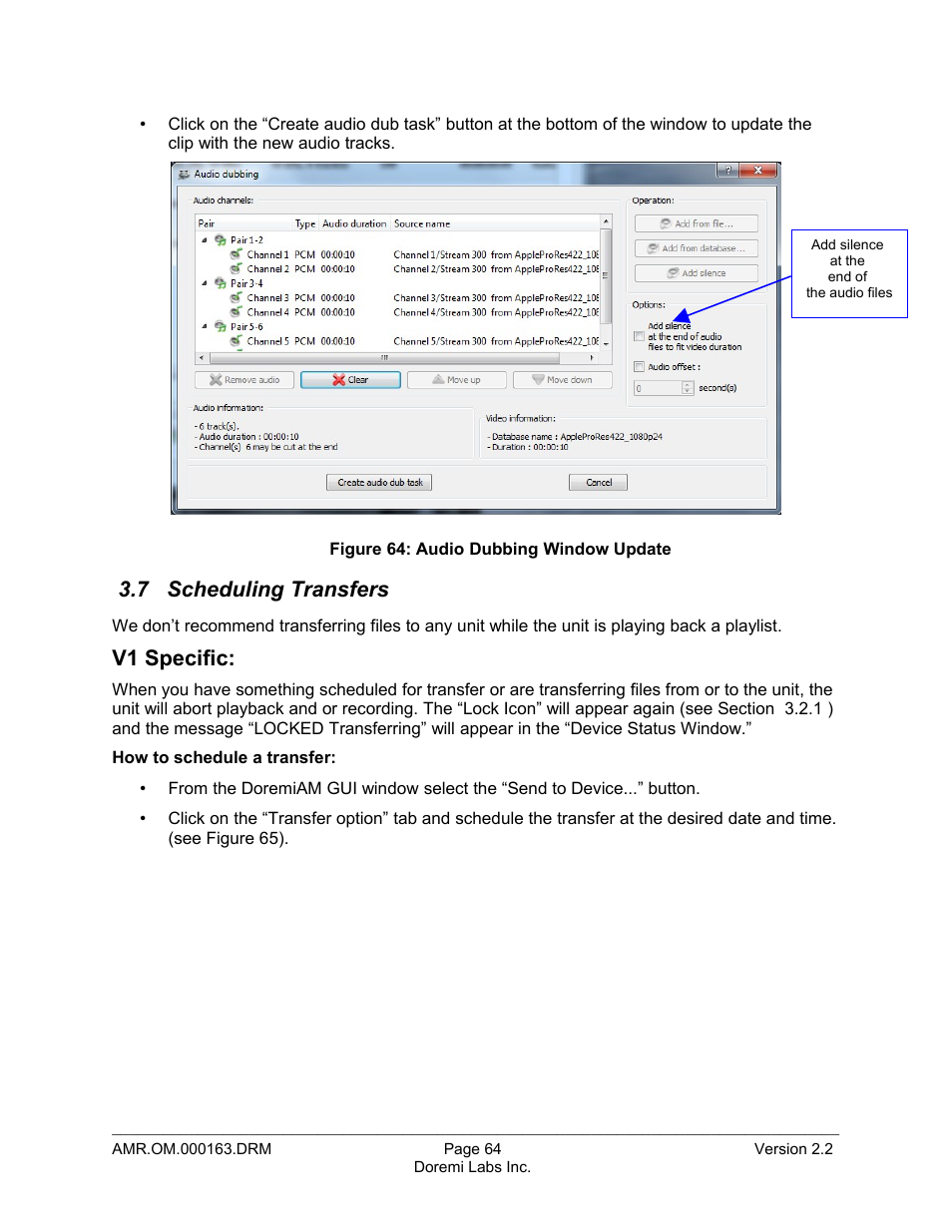 7 scheduling transfers, V1 specific | Doremi Asset Manager User Manual | Page 64 / 84