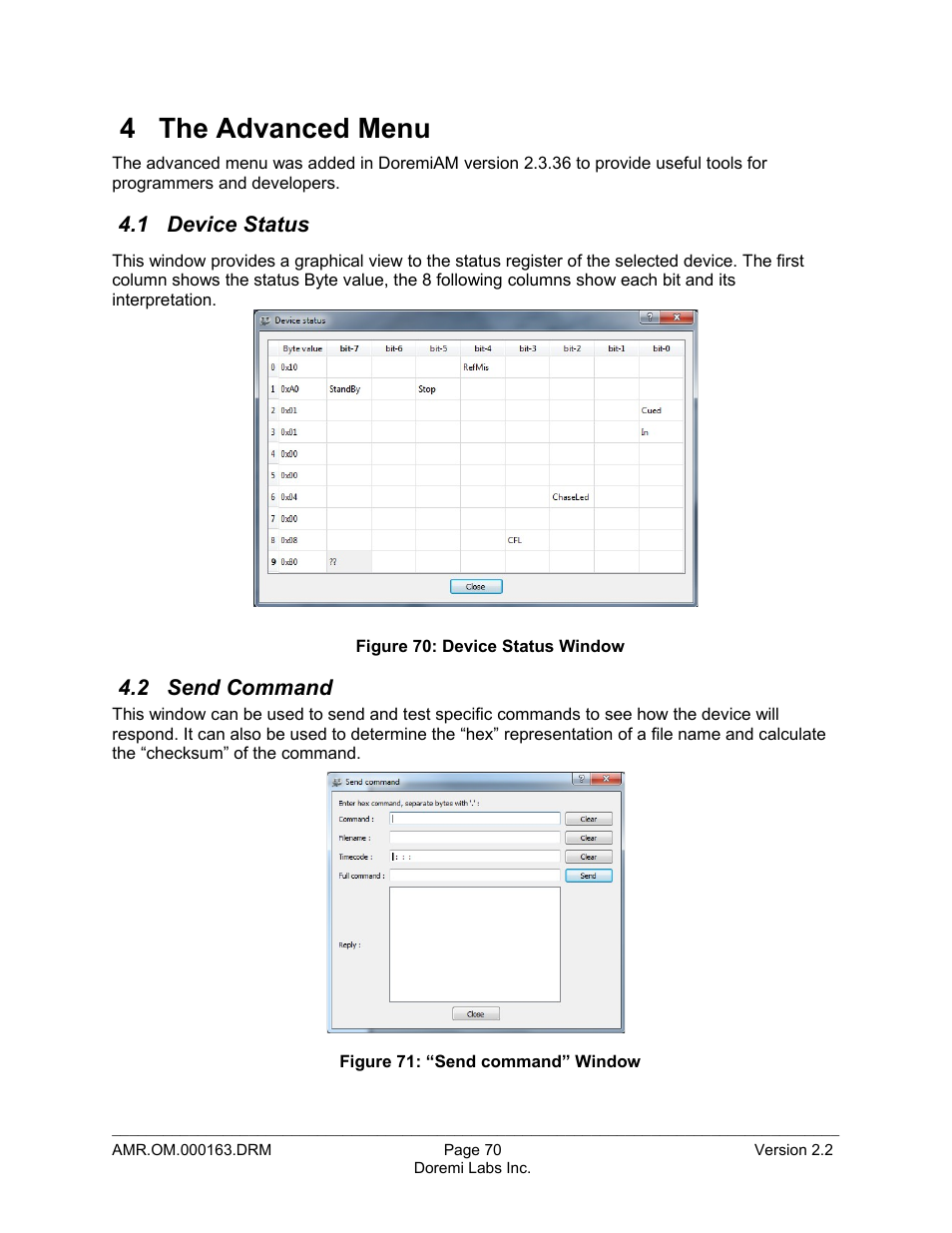 4 the advanced menu, 1 device status, 2 send command | Doremi Asset Manager User Manual | Page 70 / 84