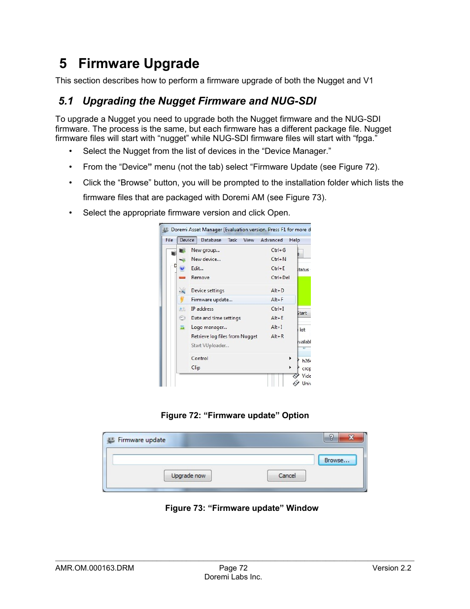 5 firmware upgrade, 1 upgrading the nugget firmware and nug-sdi | Doremi Asset Manager User Manual | Page 72 / 84