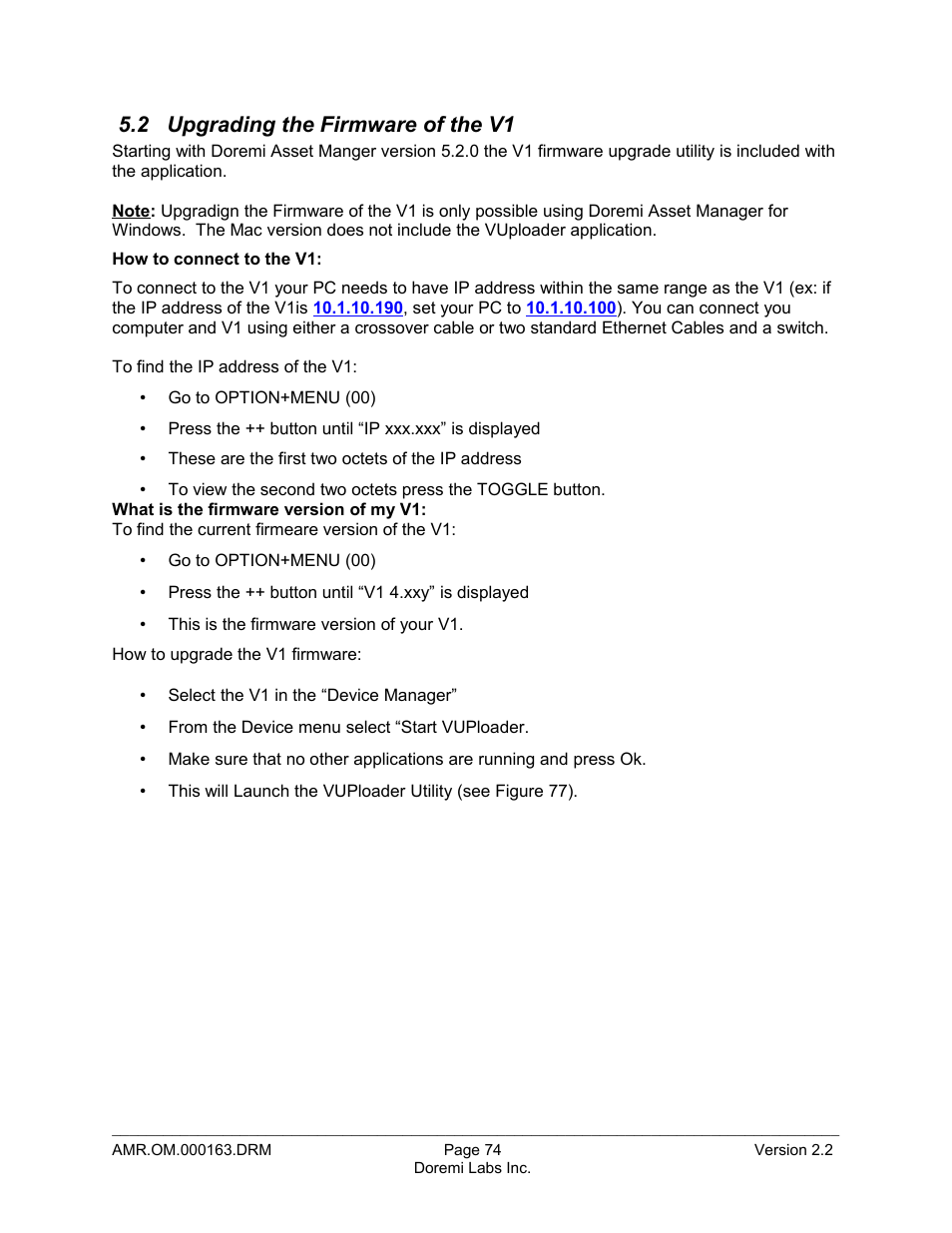 2 upgrading the firmware of the v1 | Doremi Asset Manager User Manual | Page 74 / 84