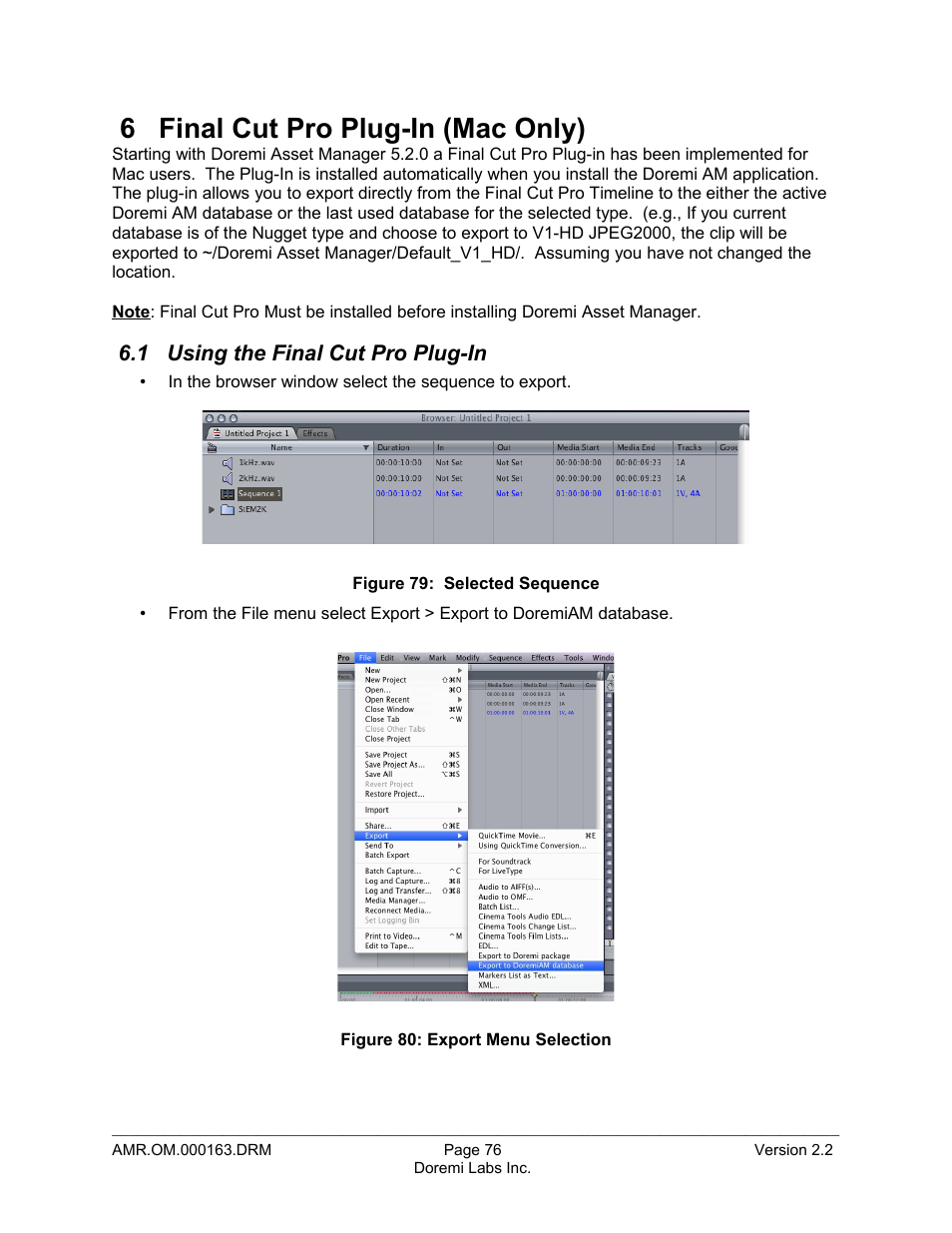 6 final cut pro plug-in (mac only), 1 using the final cut pro plug-in | Doremi Asset Manager User Manual | Page 76 / 84